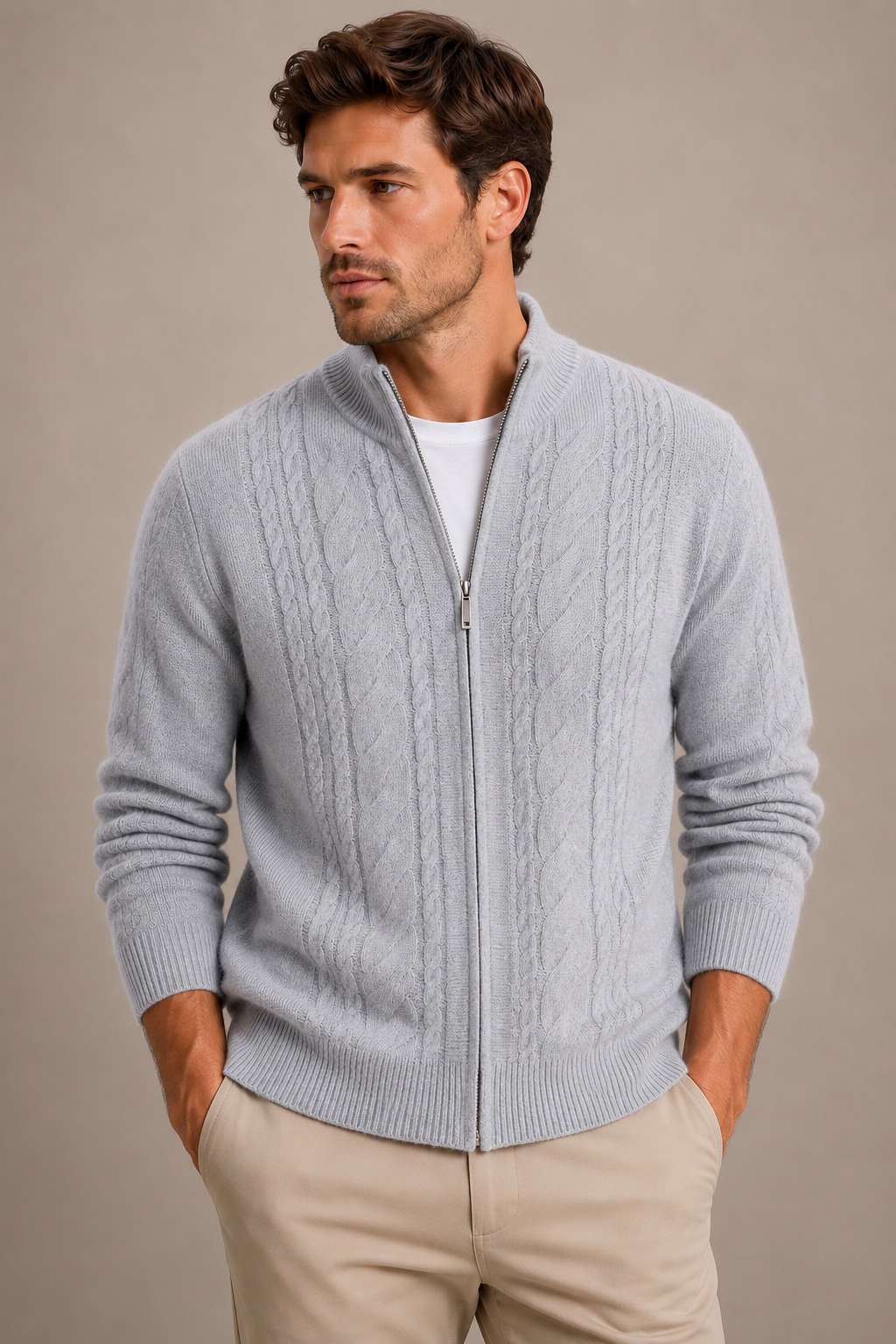 100% CASHMERE FULL ZIP CABLE CARDIGAN
