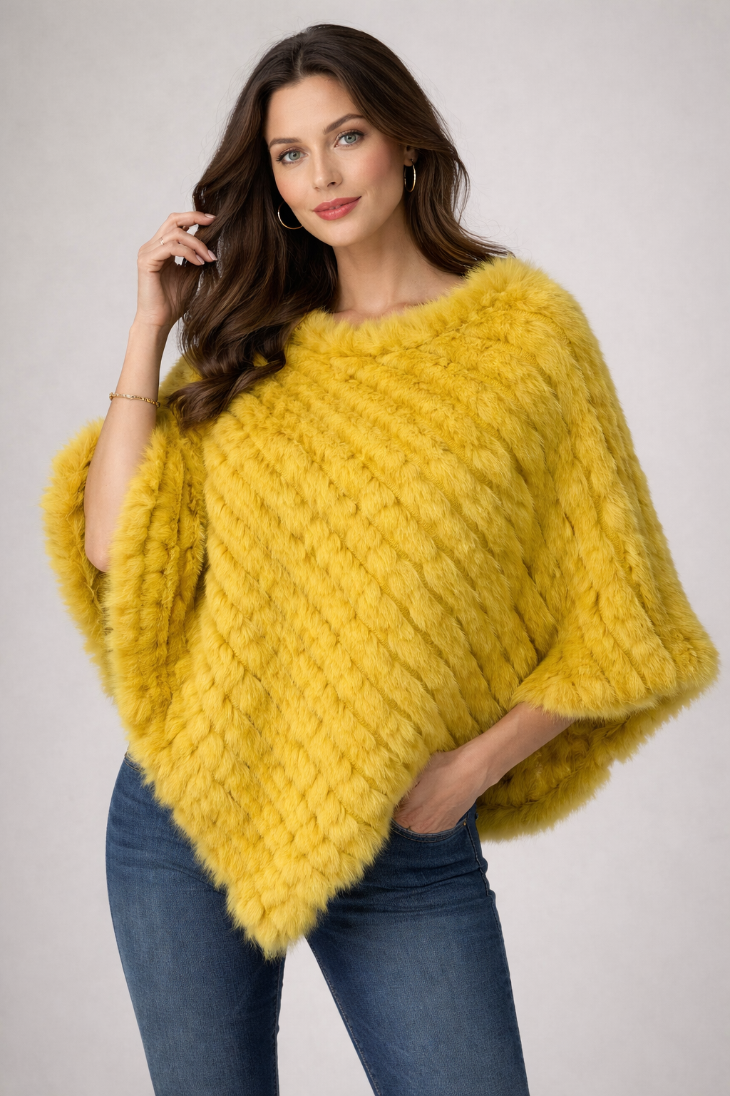 Luxurious Angora Knitted Natural Fur Poncho