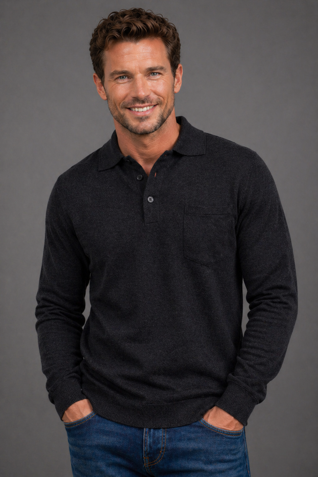 ANSETT Merino Wool Pullover with 3-Button Polo Collar and Front Pocket