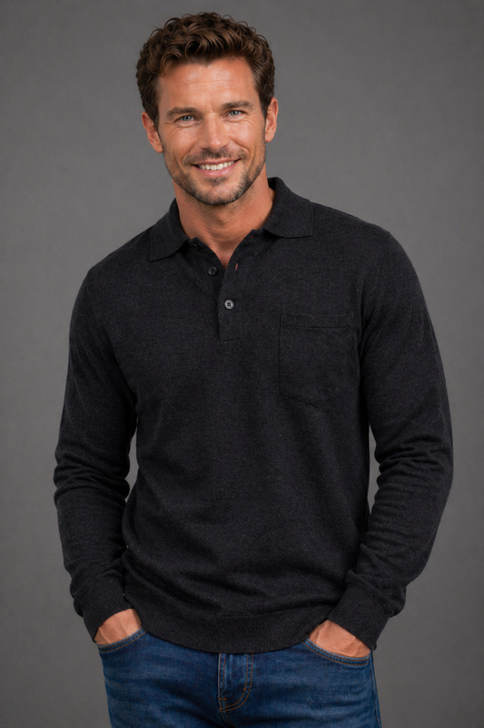 ANSETT Merino Wool Pullover with 3-Button Polo Collar and Front Pocket