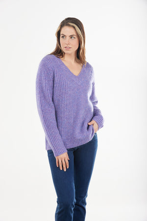 MOHAIR RIBBED VEE NECK PULLOVER only pink S available