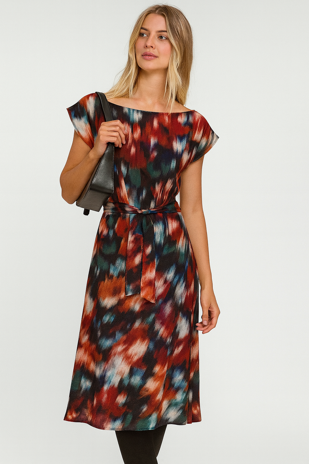 BELLA DAHL Boat Neck Cap Sleeve Midi Dress - Blurred Floral Print