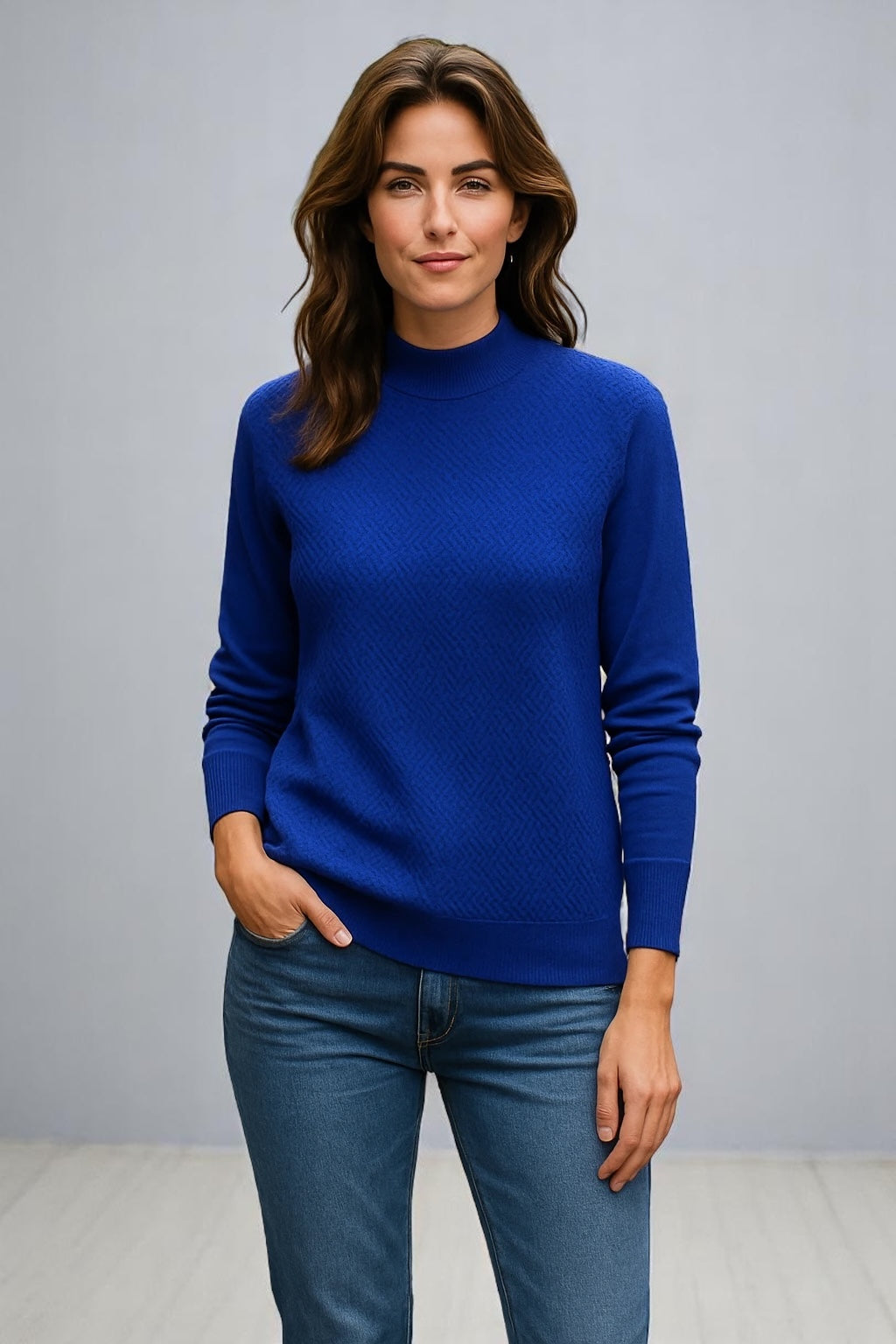 Mock Neck Sweater – Honeycomb Pattern Body with Plain Sleeves Pure Wool