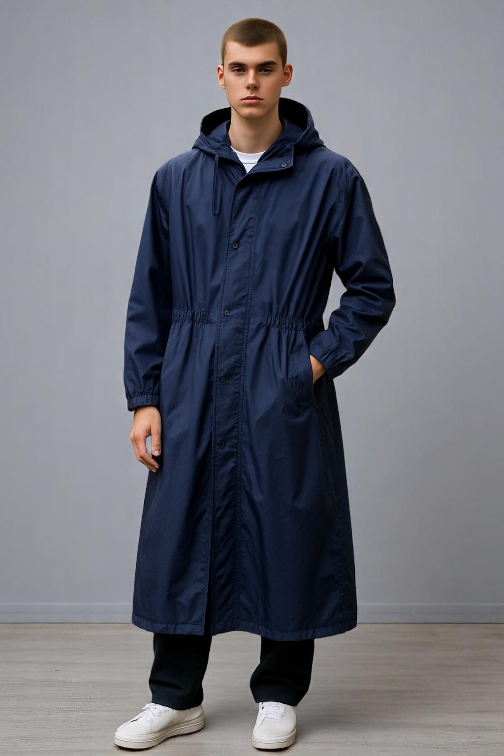 Long Rain Coat With Hood & Pockets