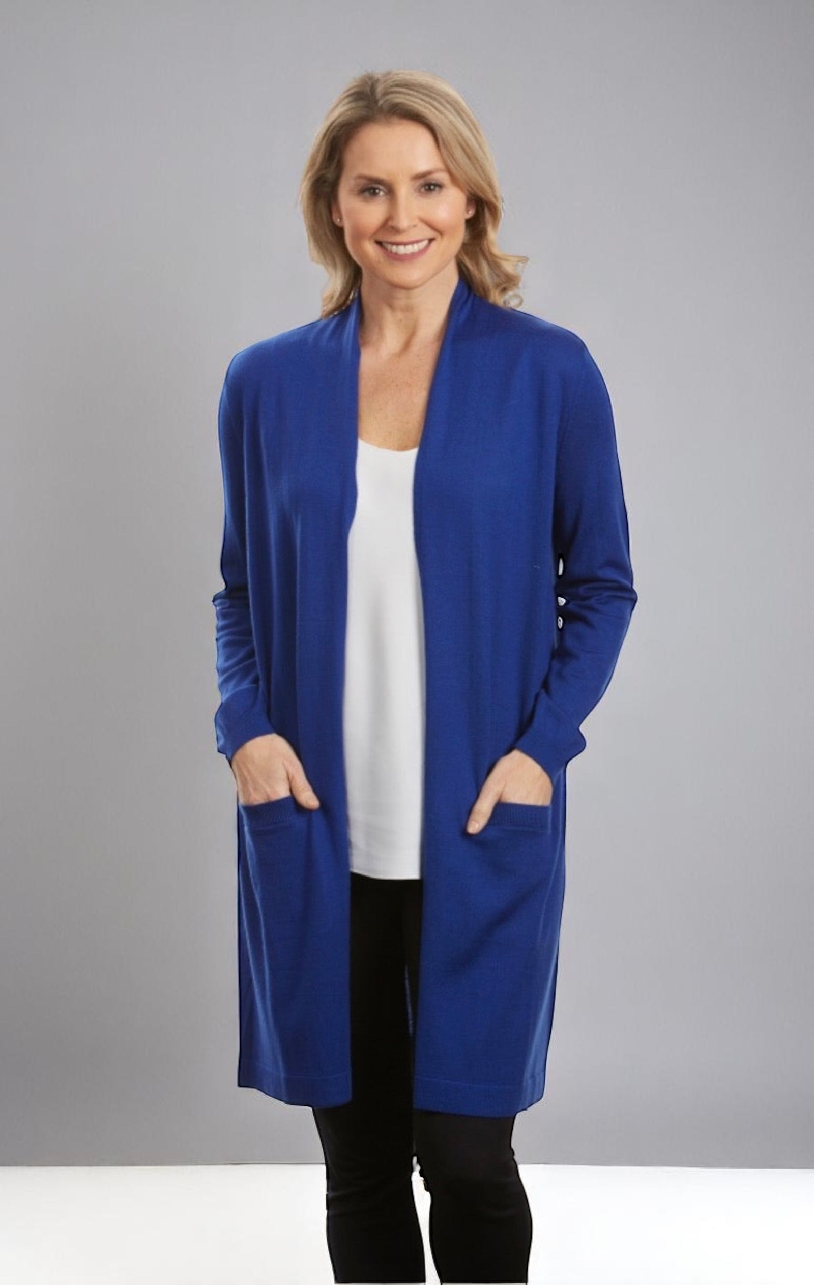 Longline Cardigan with pockets Bella knitwear Pure merino wool Machine washable
