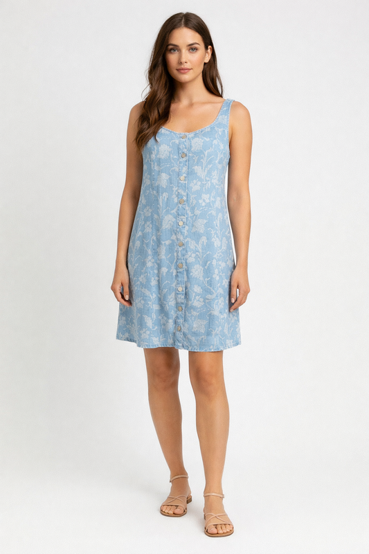 BELLA DAHL Sleeveless Button Front Fitted Dress - Vintage Fleur Denim