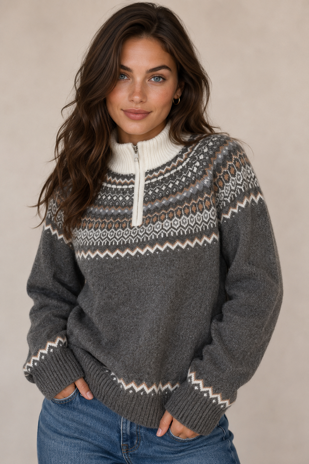 Pure Merino Wool Half Zip Fair Isle Pullover