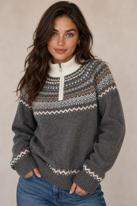 Pure Merino Wool Half Zip Fair Isle Pullover