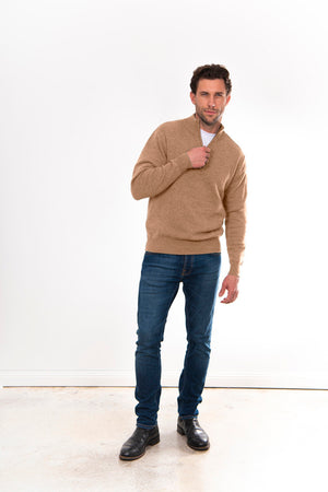ANSETT Gold Cashmere merino Slim Fitted High Neck Half Zip
