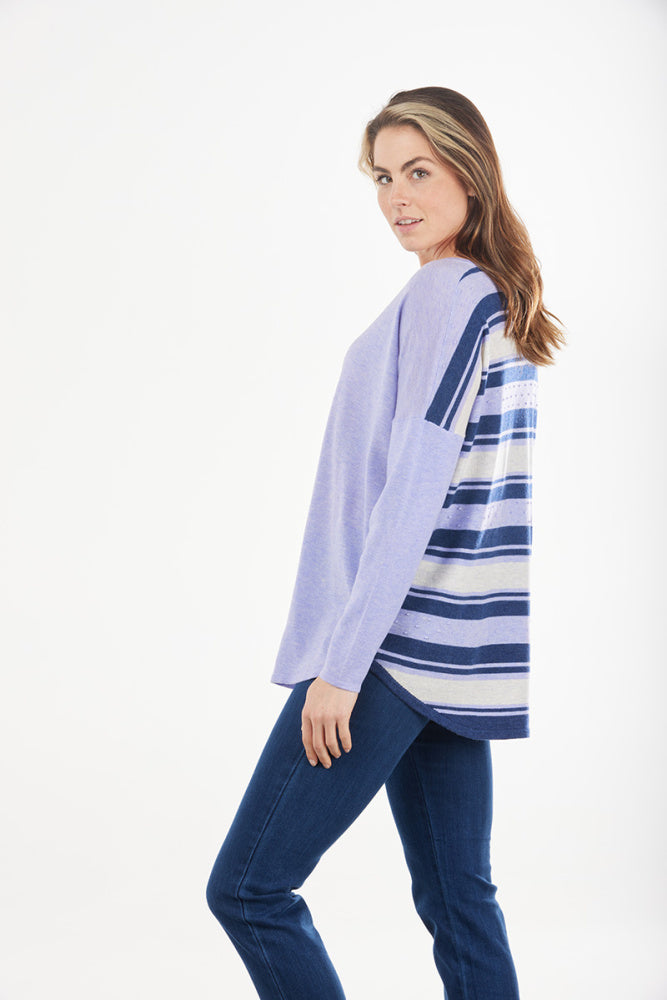 STRIPED BACK CURVED HEM VEE PULLOVER (ONLY S IN DENIM)