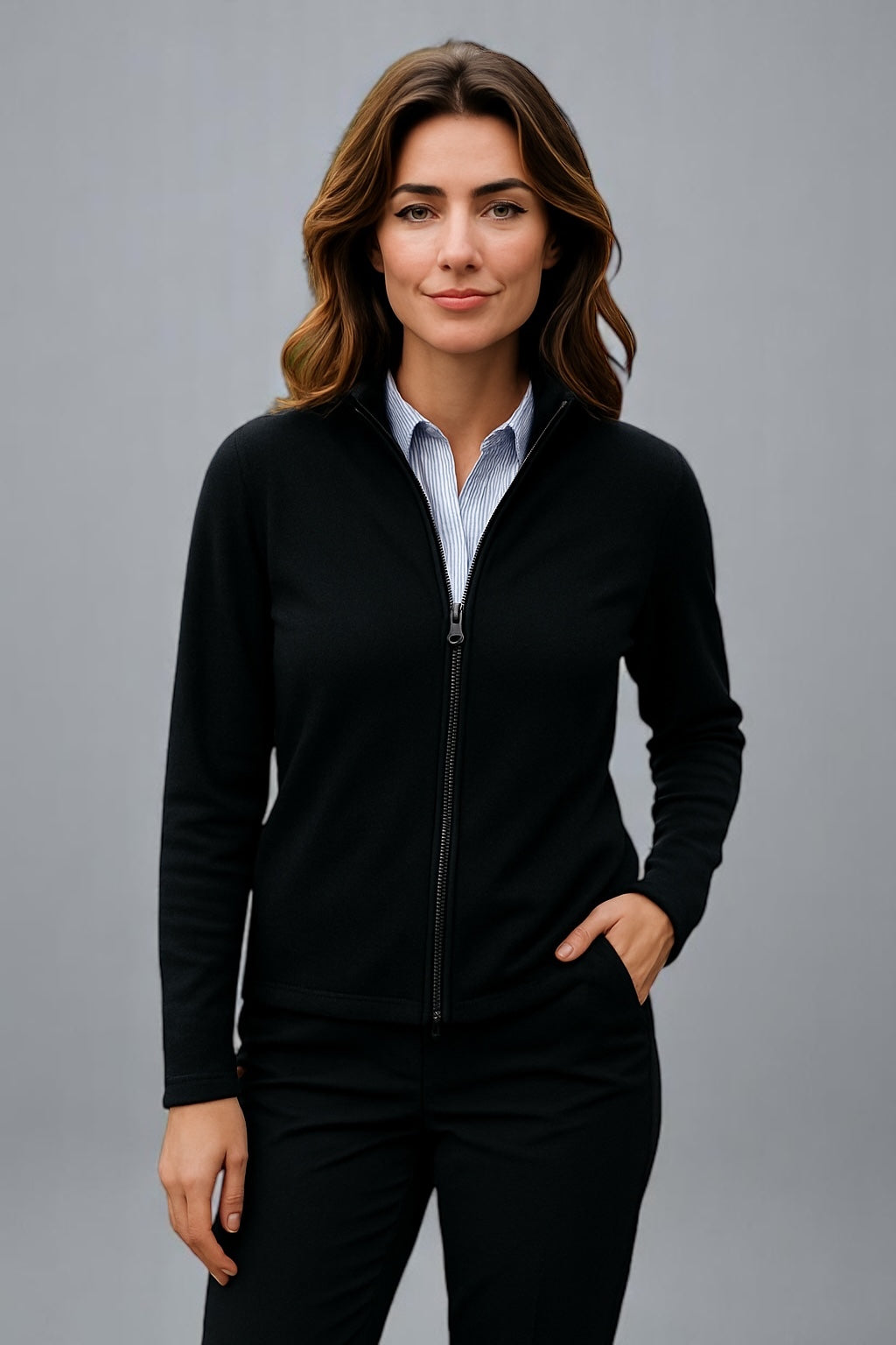 LADIES LONG SLEEVE WITH 2 WAY ZIP POINTELLE CARDIGAN