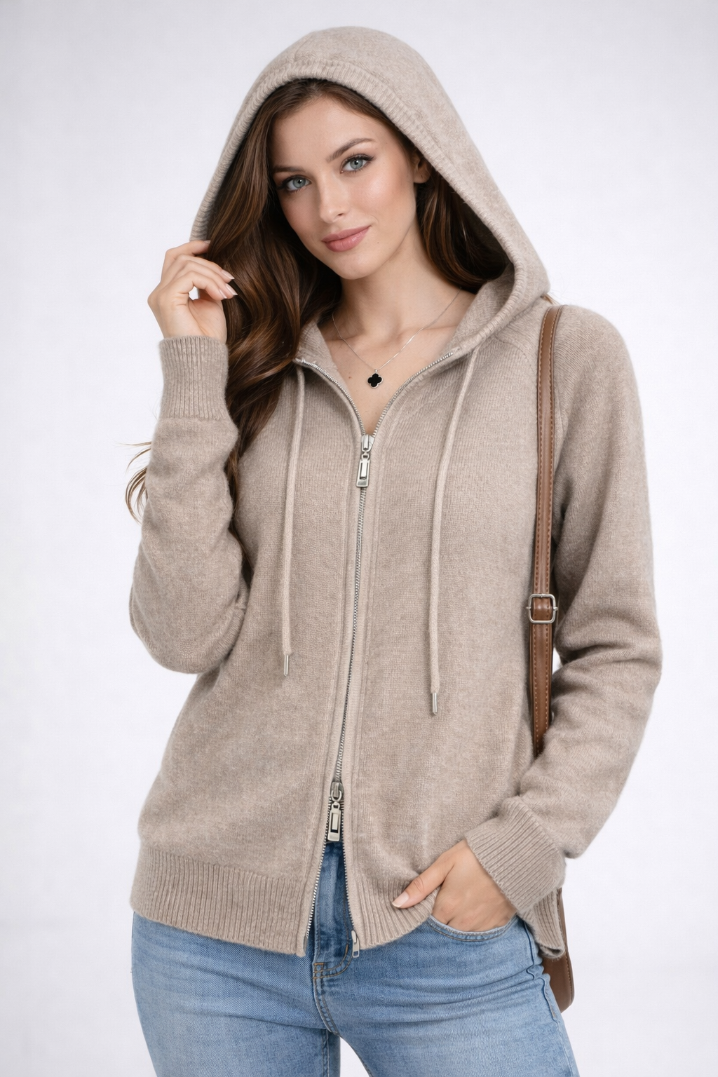 PURE CASHMERE TWO WAY FULL ZIP HOODIE NO POCKETS