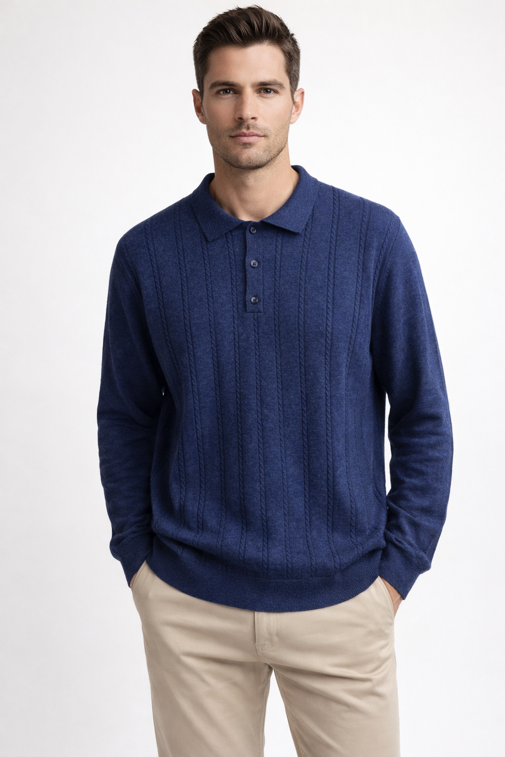 Cashmere/ Merino Cabled 3 Buttons Polo Collar Pullover