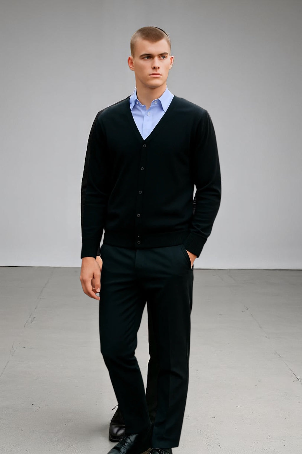 MTF MEN DEEP VEE LONG SLEEVE CARDIGAN EXTRA FINE MERINO