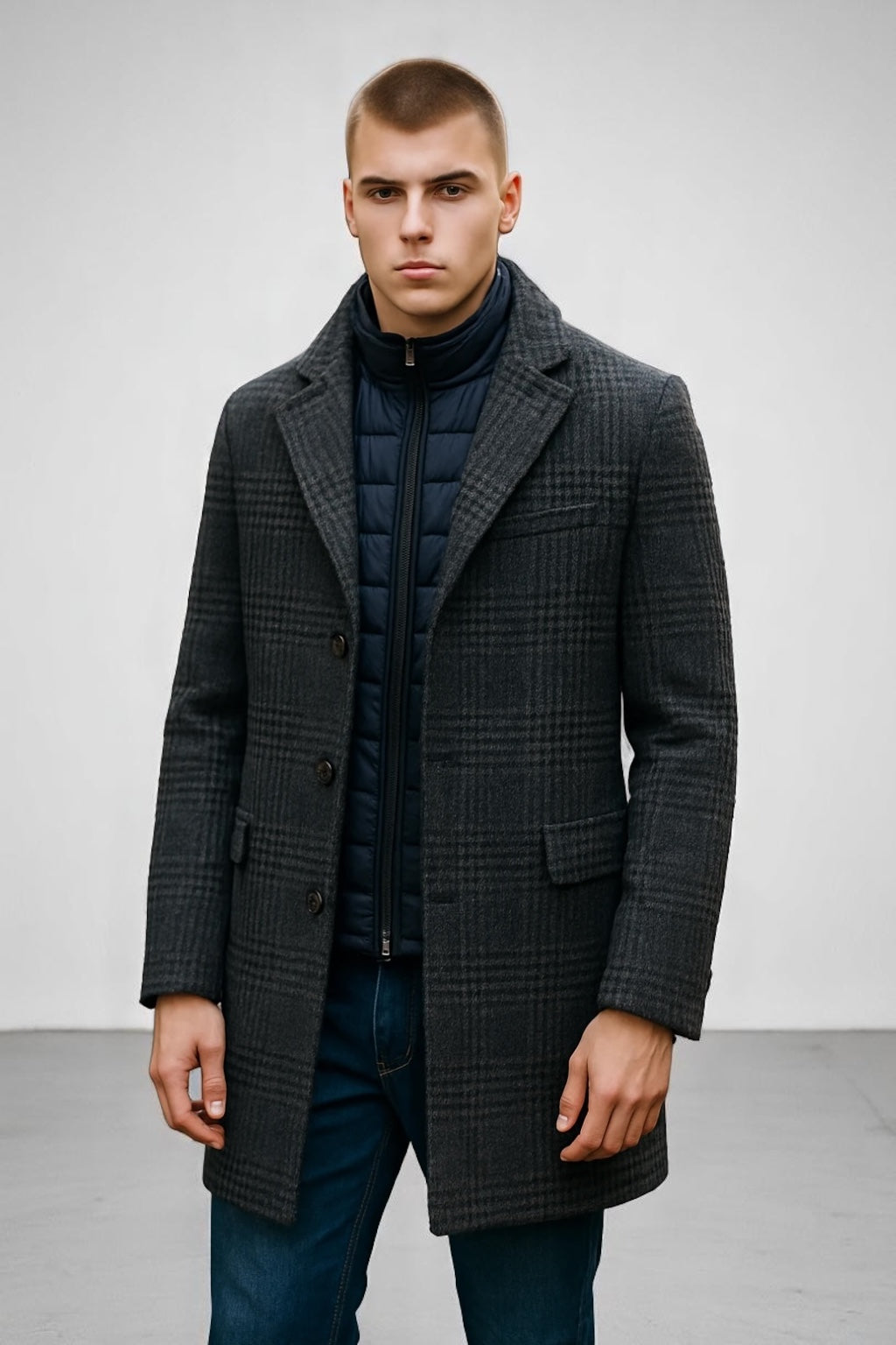 BLOIS OVERCOAT NAVY GREY CHECKED PATTERN HECHTER PARIS