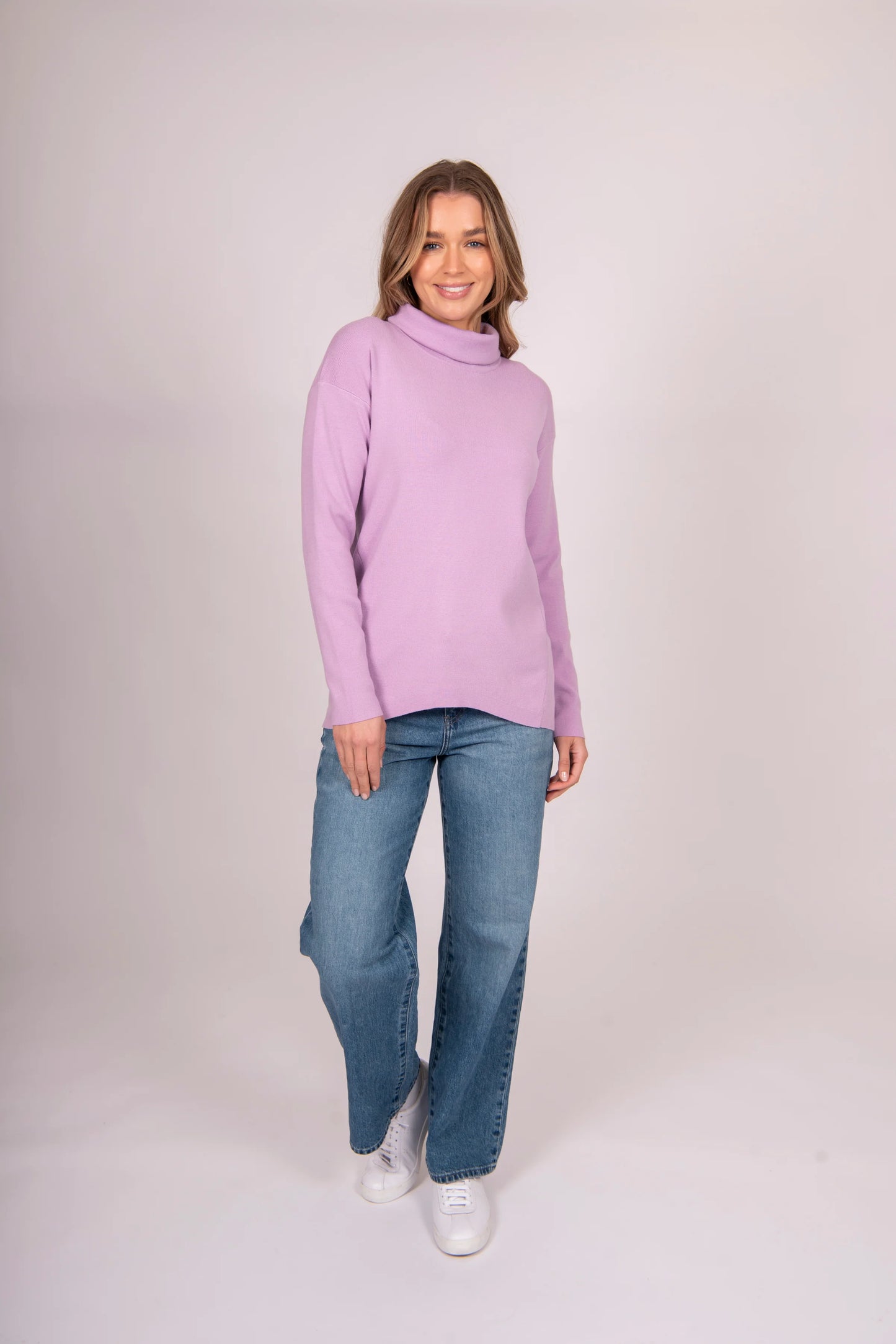 Bella - Roll Neck Pullover Curved Hem & side Panel