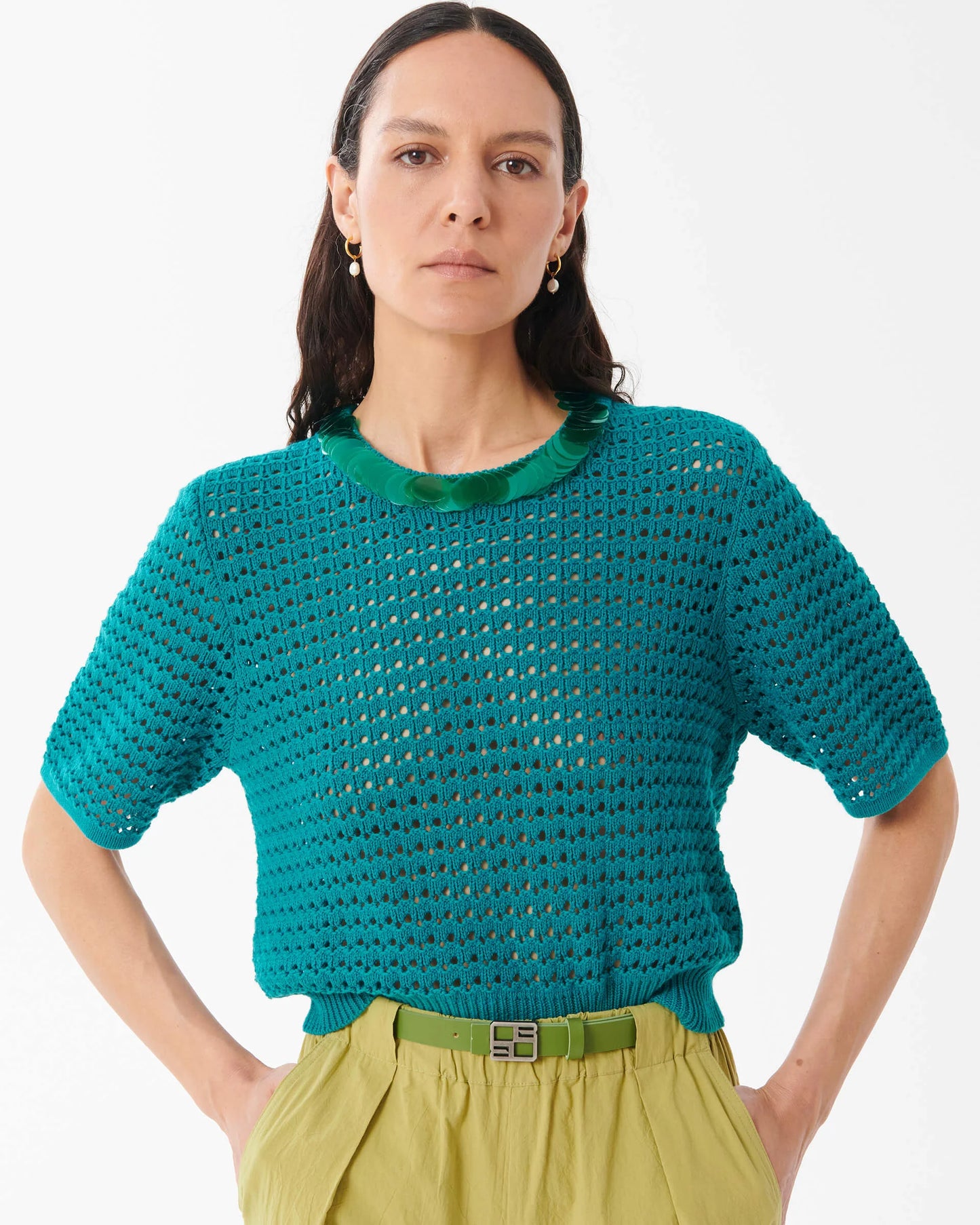 PERFORATED KNIT T-SHIRT WITH MACRO SEQUIN COLLAR