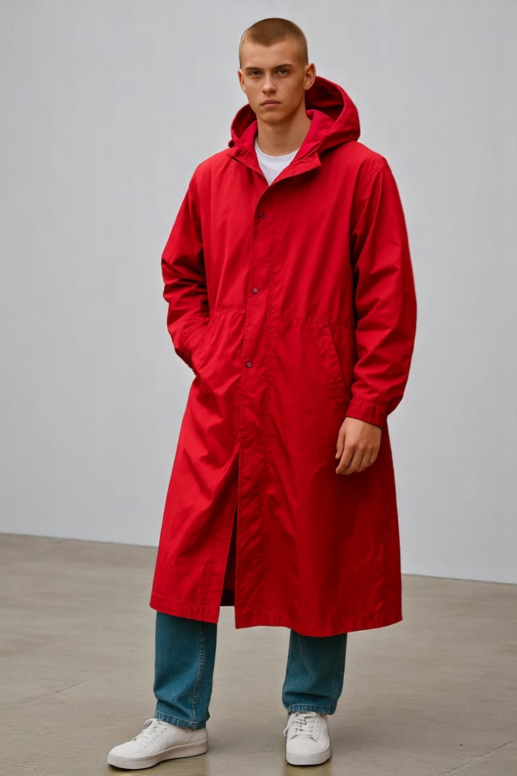 Long Rain Coat With Hood & Pockets
