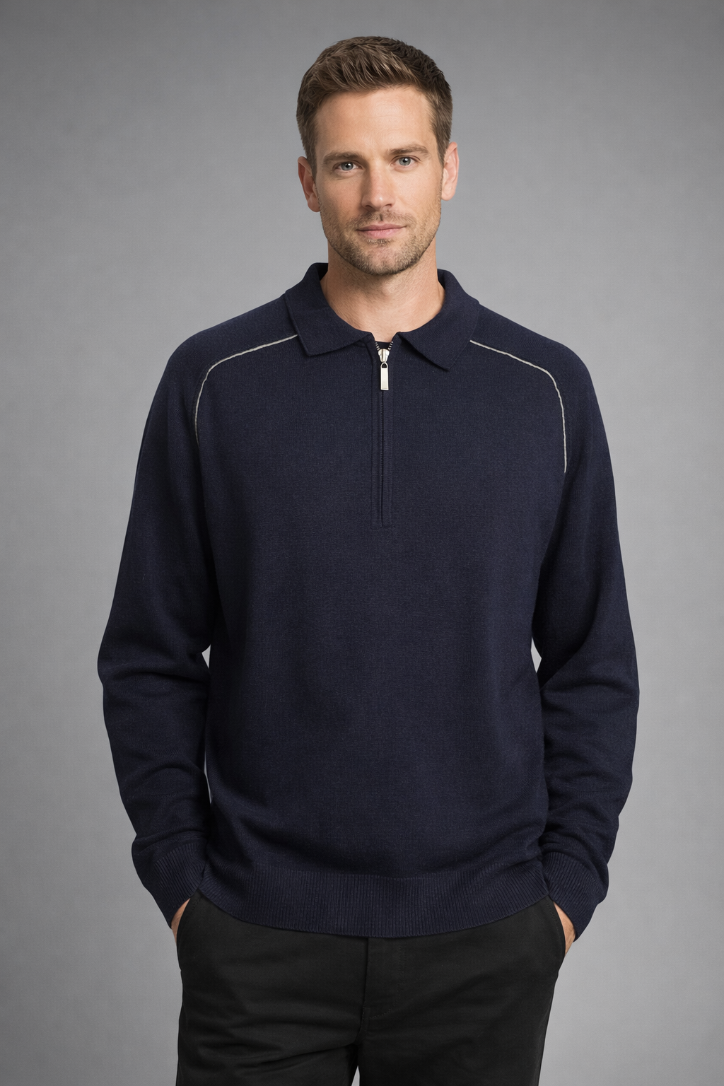 Cashmere/ Merino Zip Polo Collar Pullover Two tone
