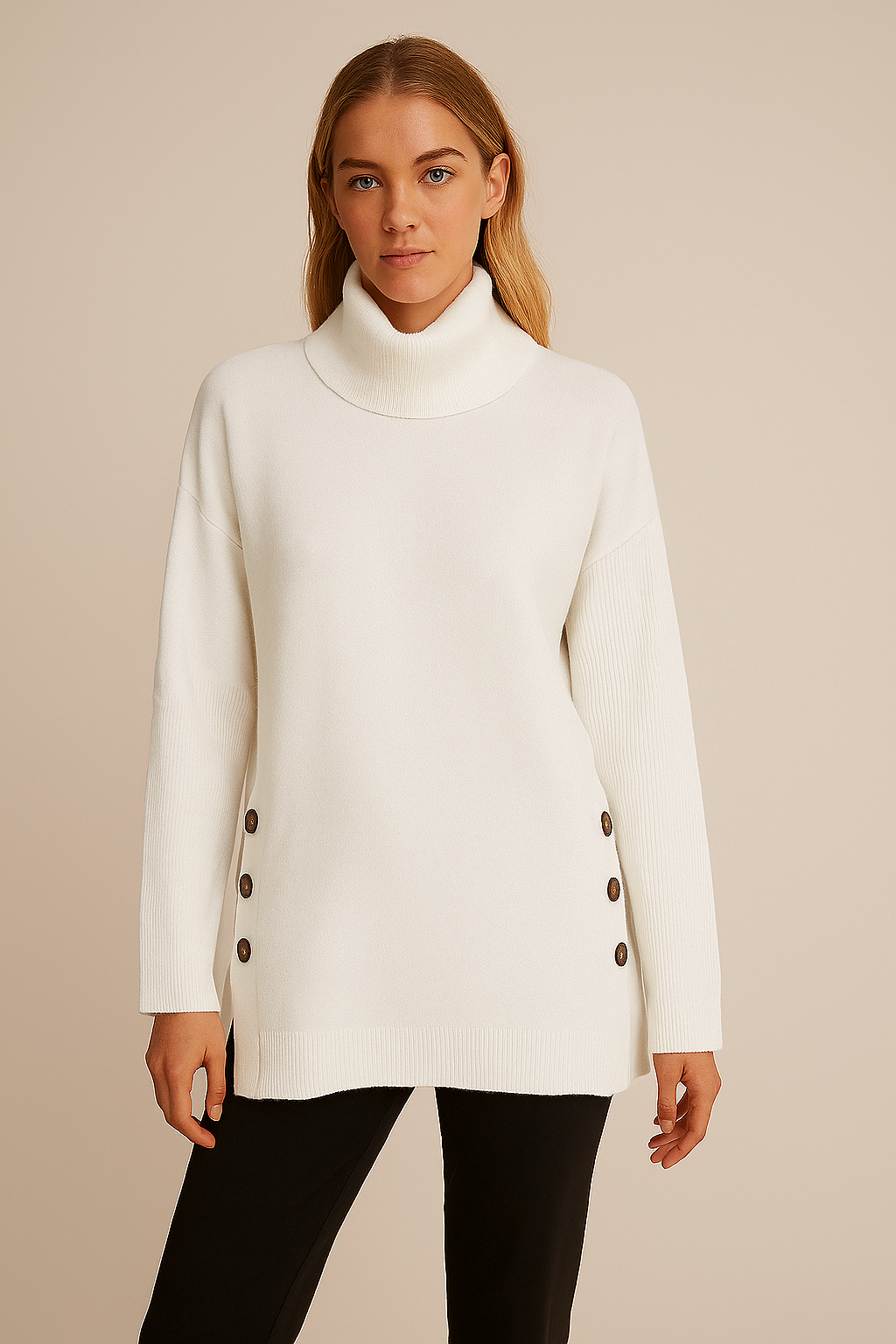 Fields Knitwear Tunic with Side Splits & wide Roll Neck