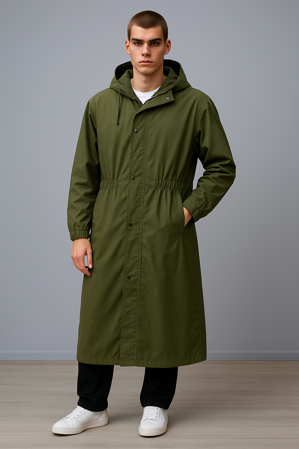 Long Rain Coat With Hood & Pockets