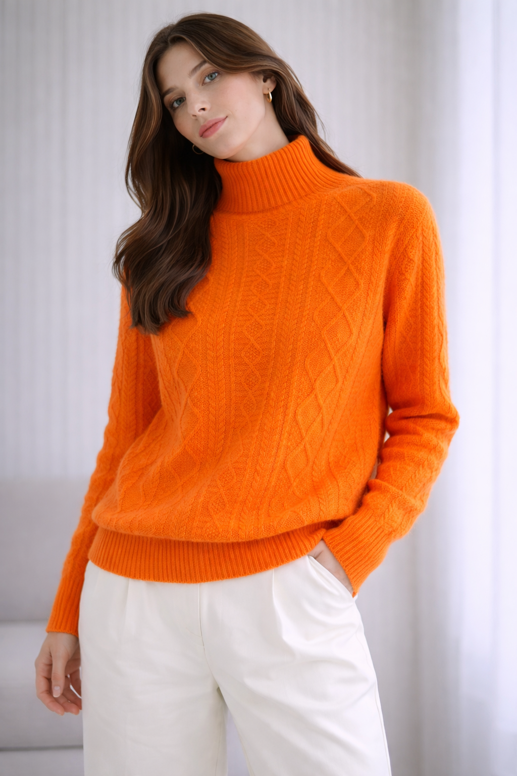 Pure Merino Wool Cabled Mock Neck