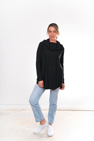 ESSENTIAL CURVED HEM COWL NECK PULLOVER