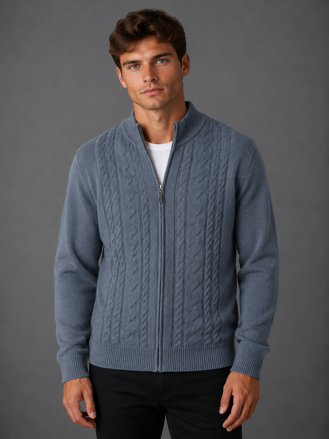 100% CASHMERE FULL ZIP CABLE CARDIGAN