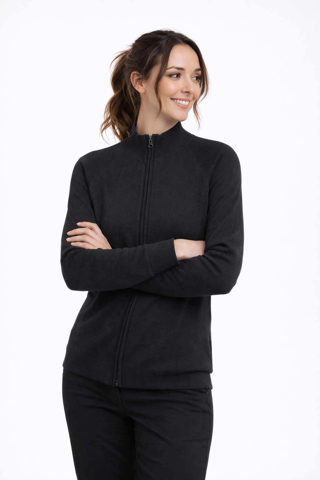 MTF LADIES LONG SLEEVE WITH 2 WAY ZIP POINTELLE CARDIGAN