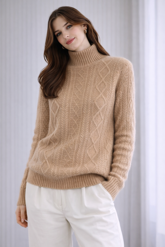 Pure Merino Wool Cabled Mock Neck