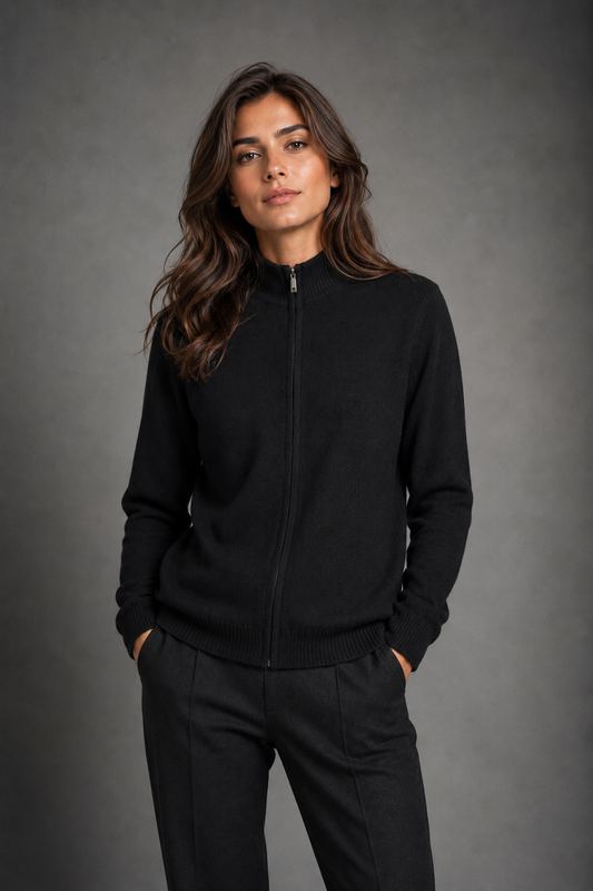 100% CASHMERE FULL ZIP COLLAR SWEATER