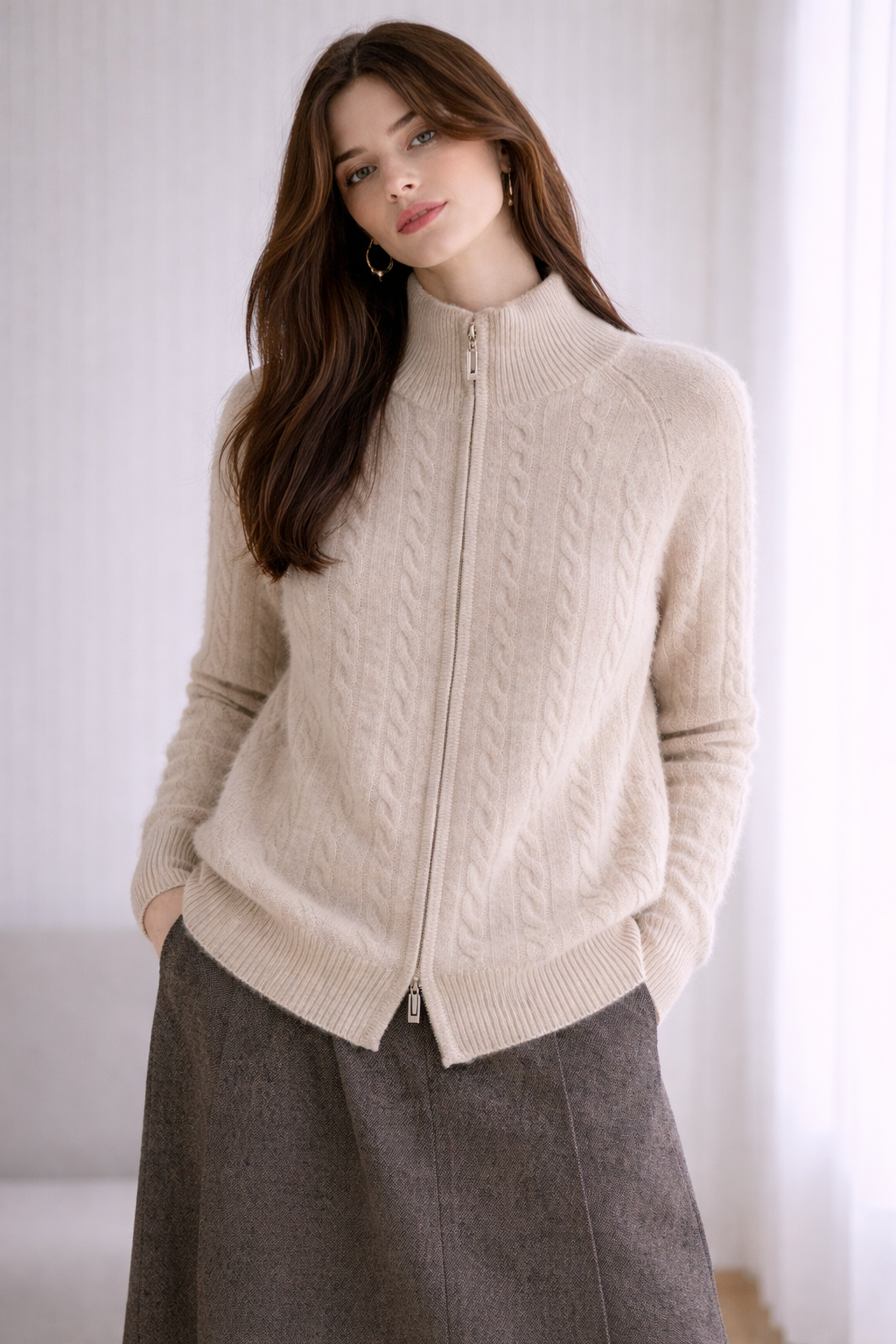 Two-Way Zip Up Cabled Cardigan
