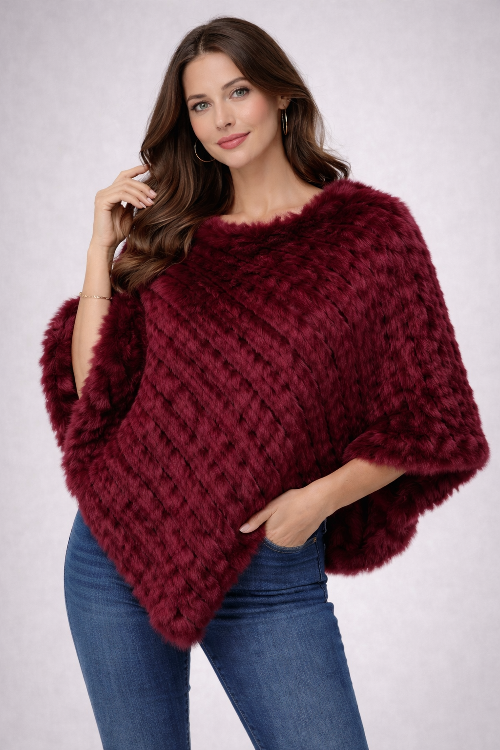 Hand-Knitted Angora Natural Fur Cape