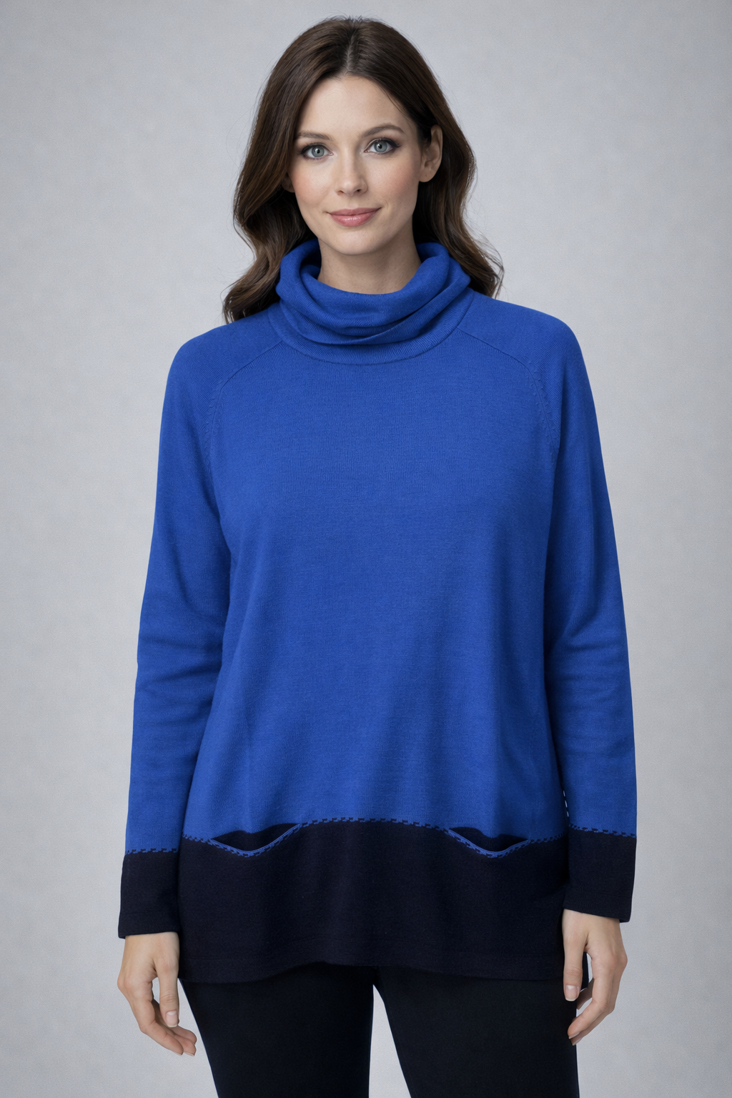 Two-Tone Cowl Neck Sweater With Pocket
