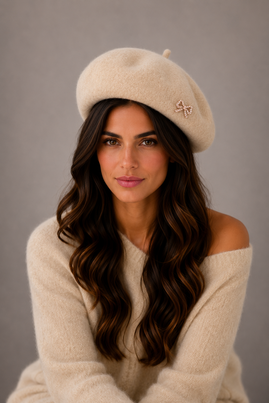 PURE CASHMERE BERET WITH A BOW