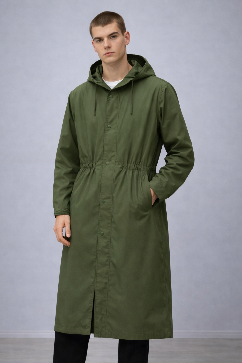 Long Rain Coat With Hood & Pockets