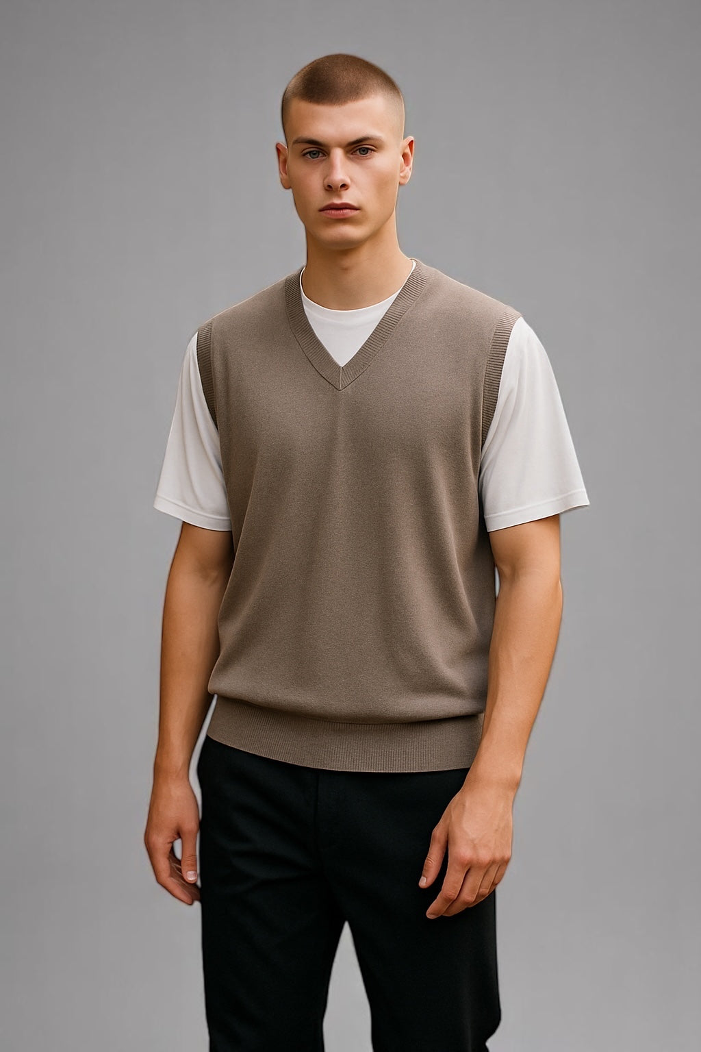 Pure Merino Wool Sleeveless Vest – Rib Basque Design