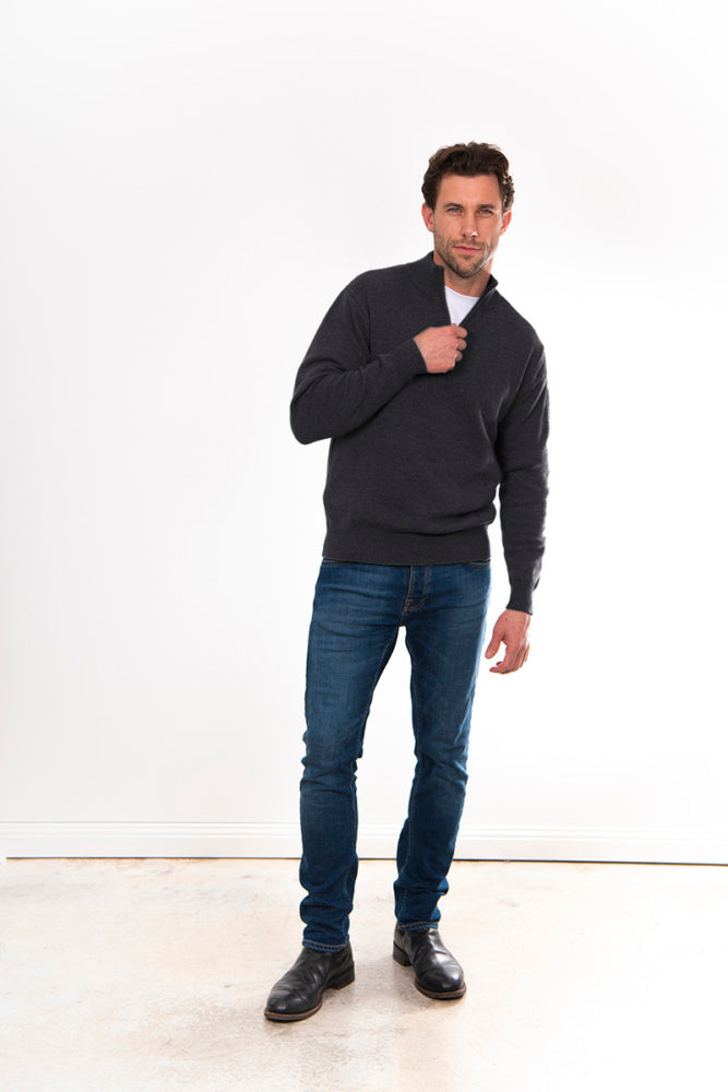 ANSETT Gold Cashmere merino Slim Fitted High Neck Half Zip