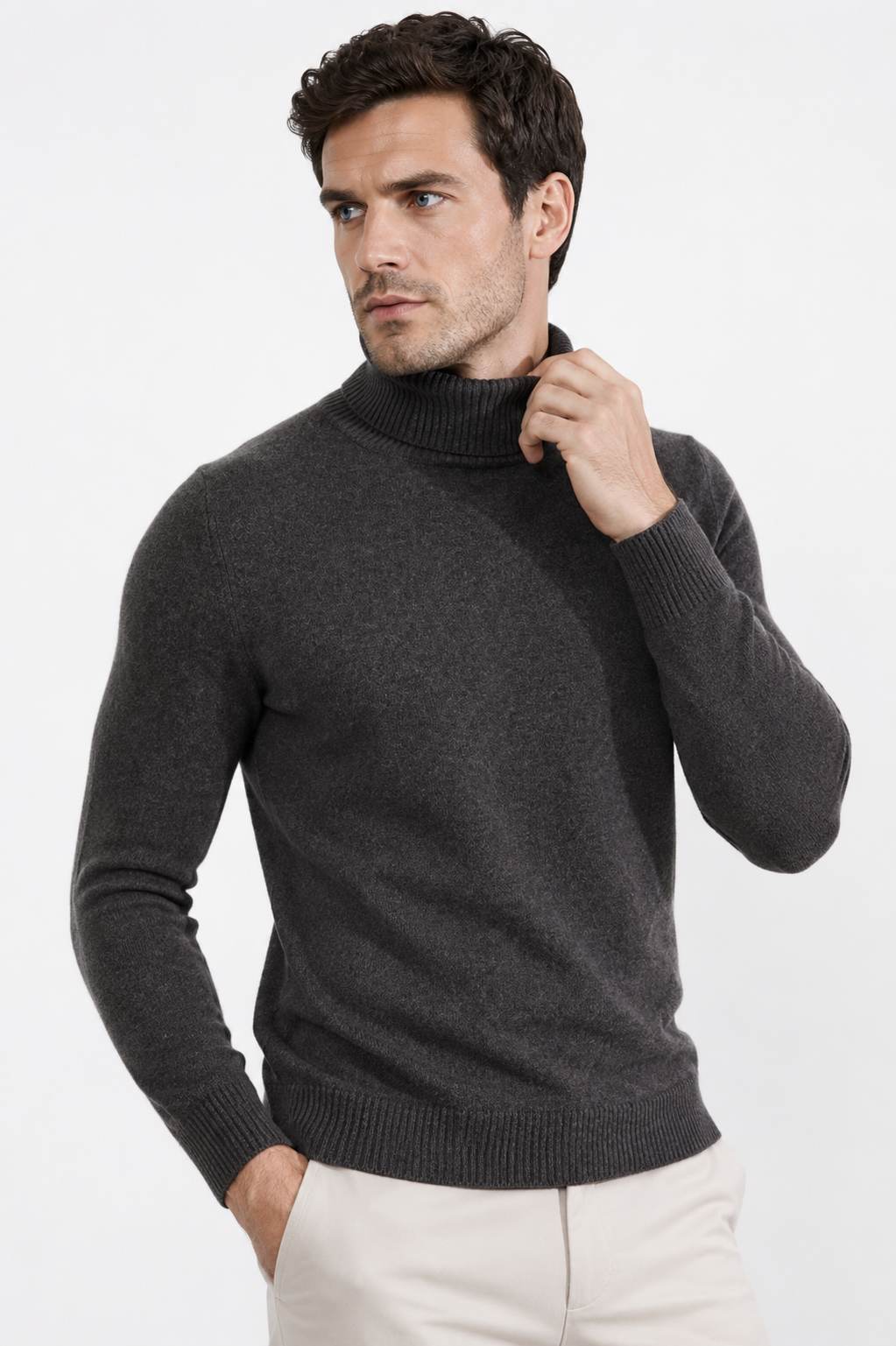 Pure Merino Wool Roll Neck Pullover with Rib Basque, view 2