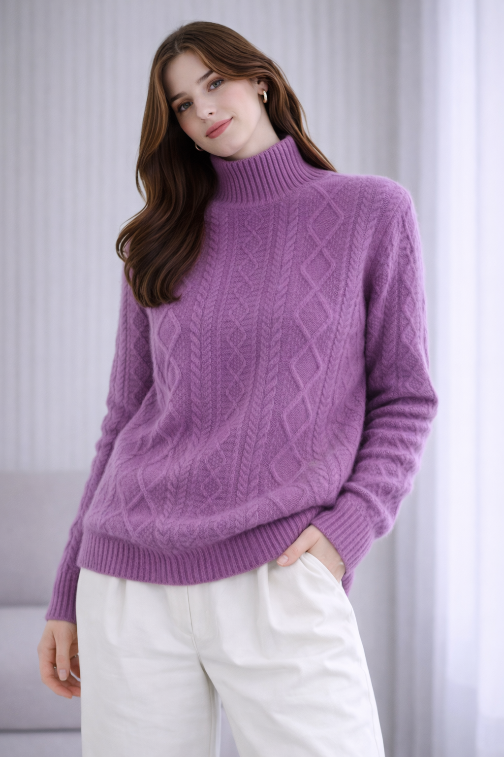 Pure Merino Wool Cabled Mock Neck