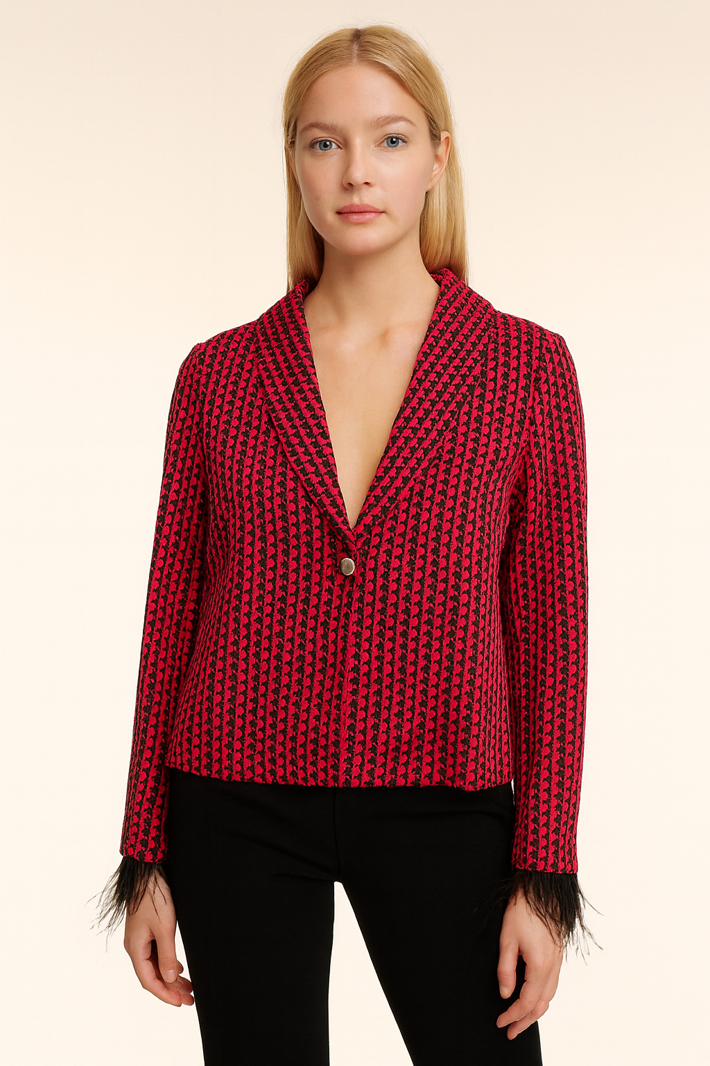 RICH & ROYAL electric pink jacquard blazer with feathers