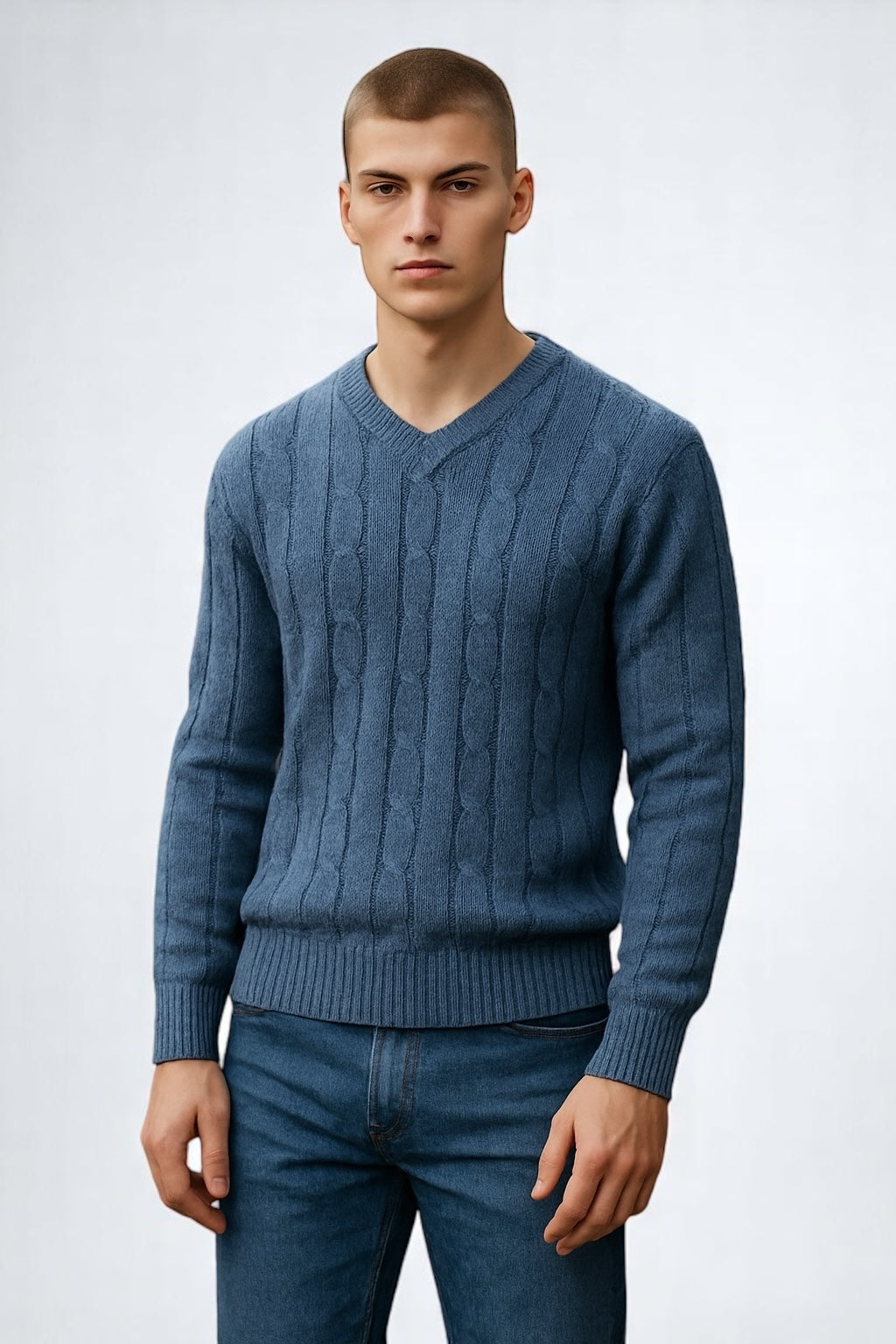 ANSETT PURE WOOL V-NECK CABLE PULLOVER