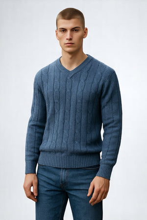 ANSETT PURE WOOL V-NECK CABLE PULLOVER