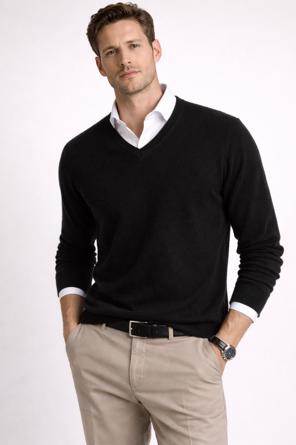 Men 100% Cashmere Vee Neck Pullover