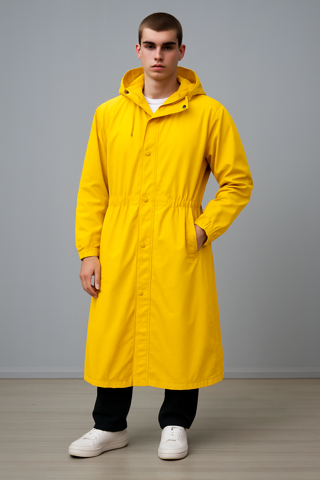 Long Rain Coat With Hood & Pockets