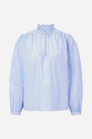 RICH & ROYAL RUFFLED NECK BLUE AND WHITE STRIPED BLOUSE