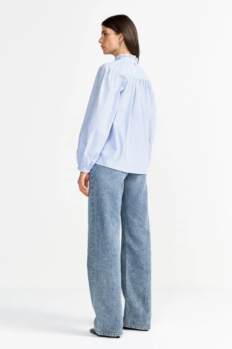 RICH & ROYAL RUFFLED NECK BLUE AND WHITE STRIPED BLOUSE