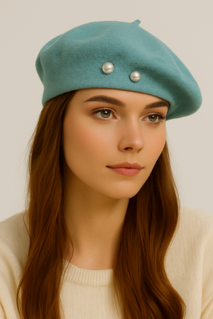 EXTRA FINE PURE WOOL BERET HAT WITH PEARLS
