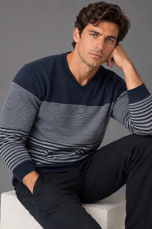 PURE MERINO WOOL FINE KNIT ESSENTIAL PATTERN VEE PULLOVER BRIDGE & LORD