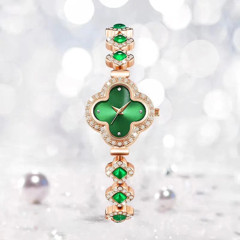 Luxury Clover Bracelet Watch with Quartz and Diamond Inlay